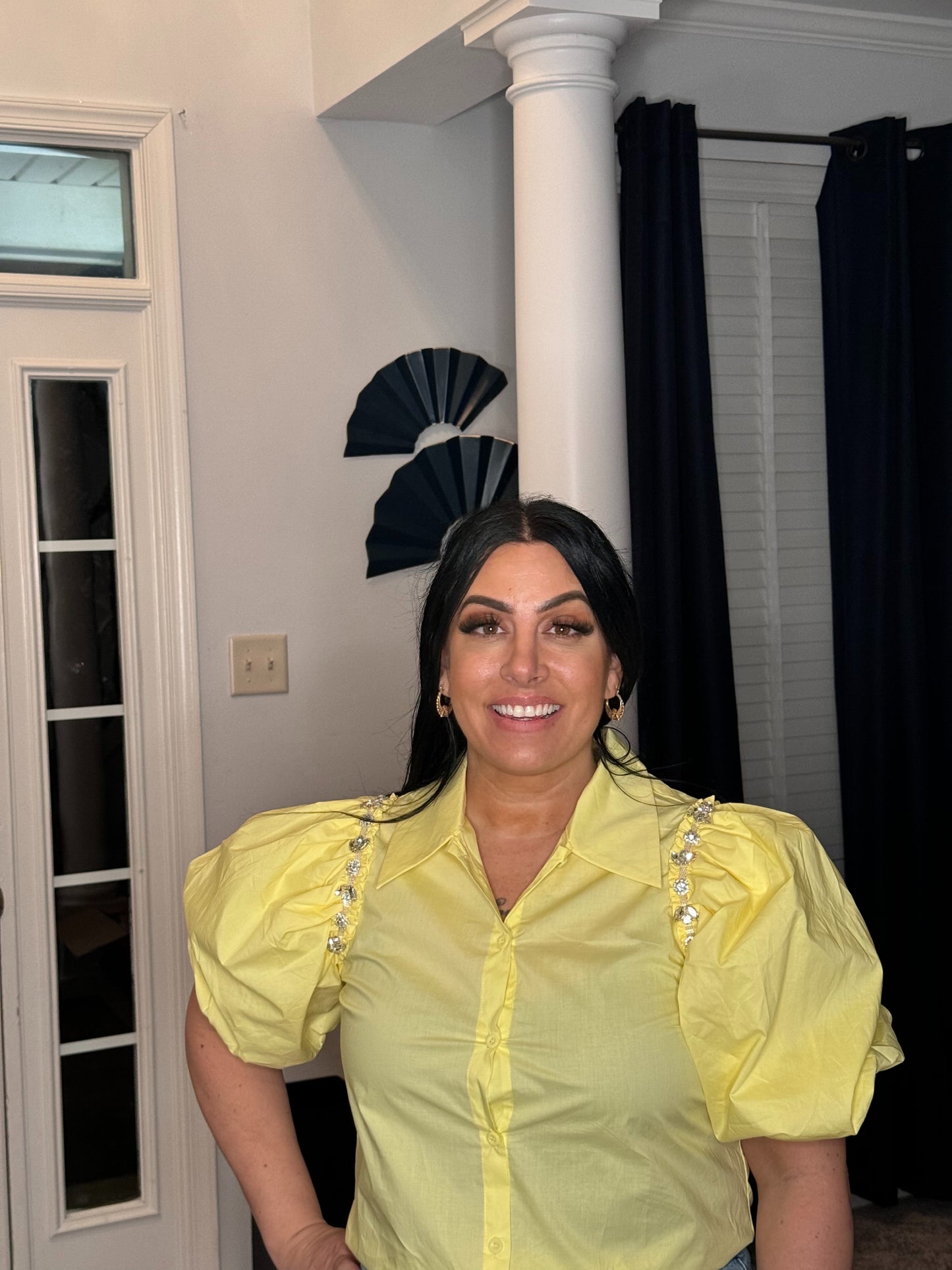 Lemon Drop | Puff Sleeve Rhinestone Top