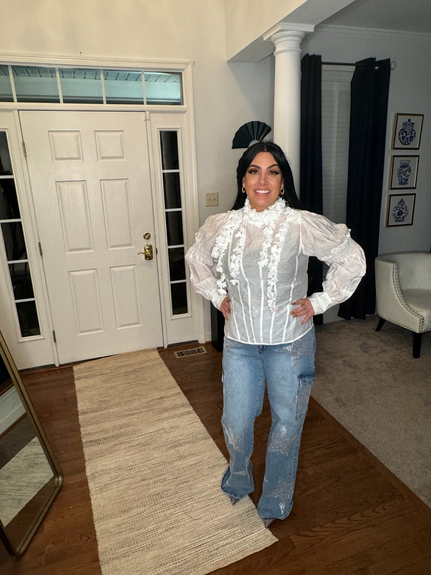 White Flower | Puff Sleeve Ruffle Flower Blouse