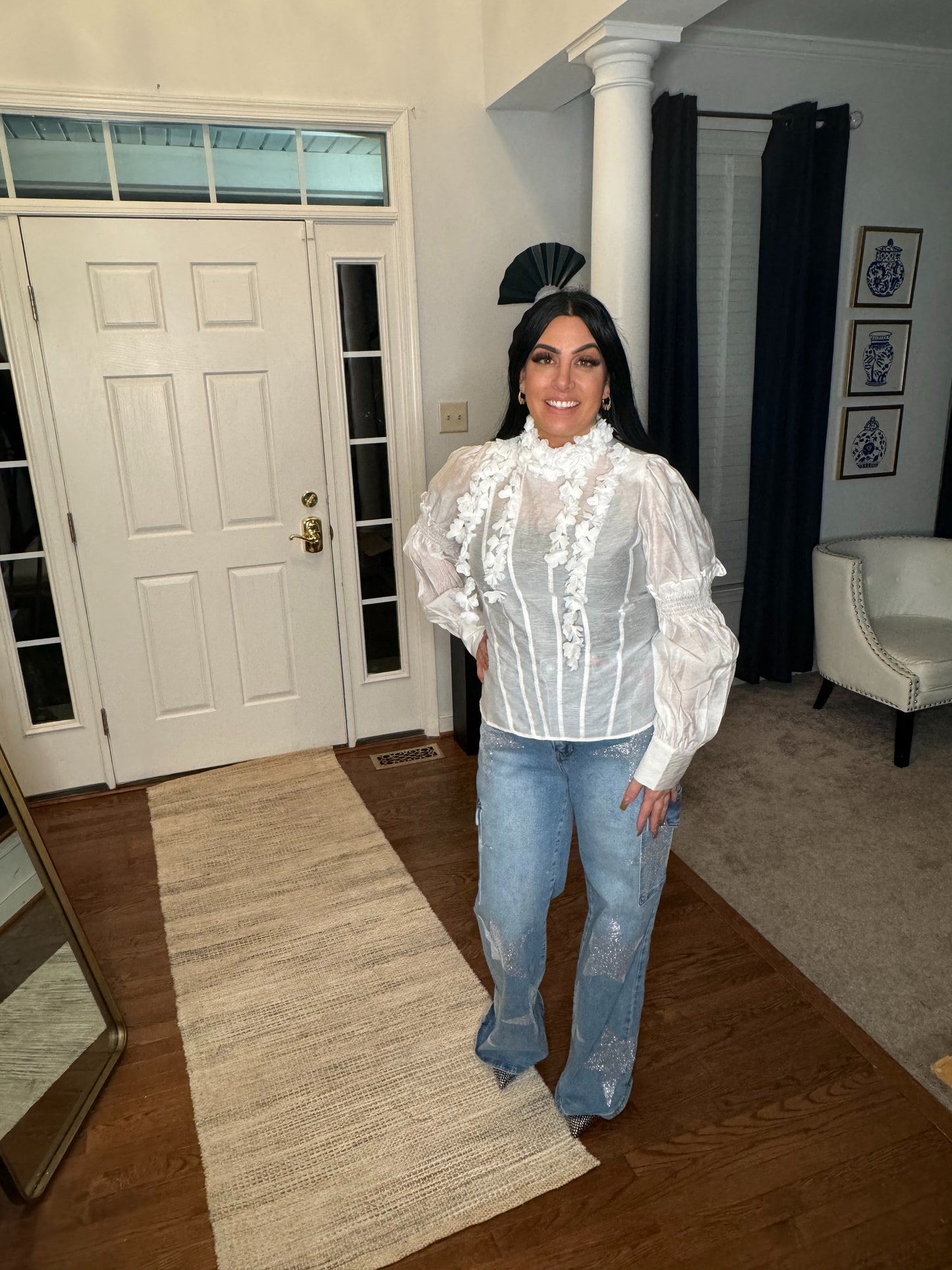 White Flower | Puff Sleeve Ruffle Flower Blouse