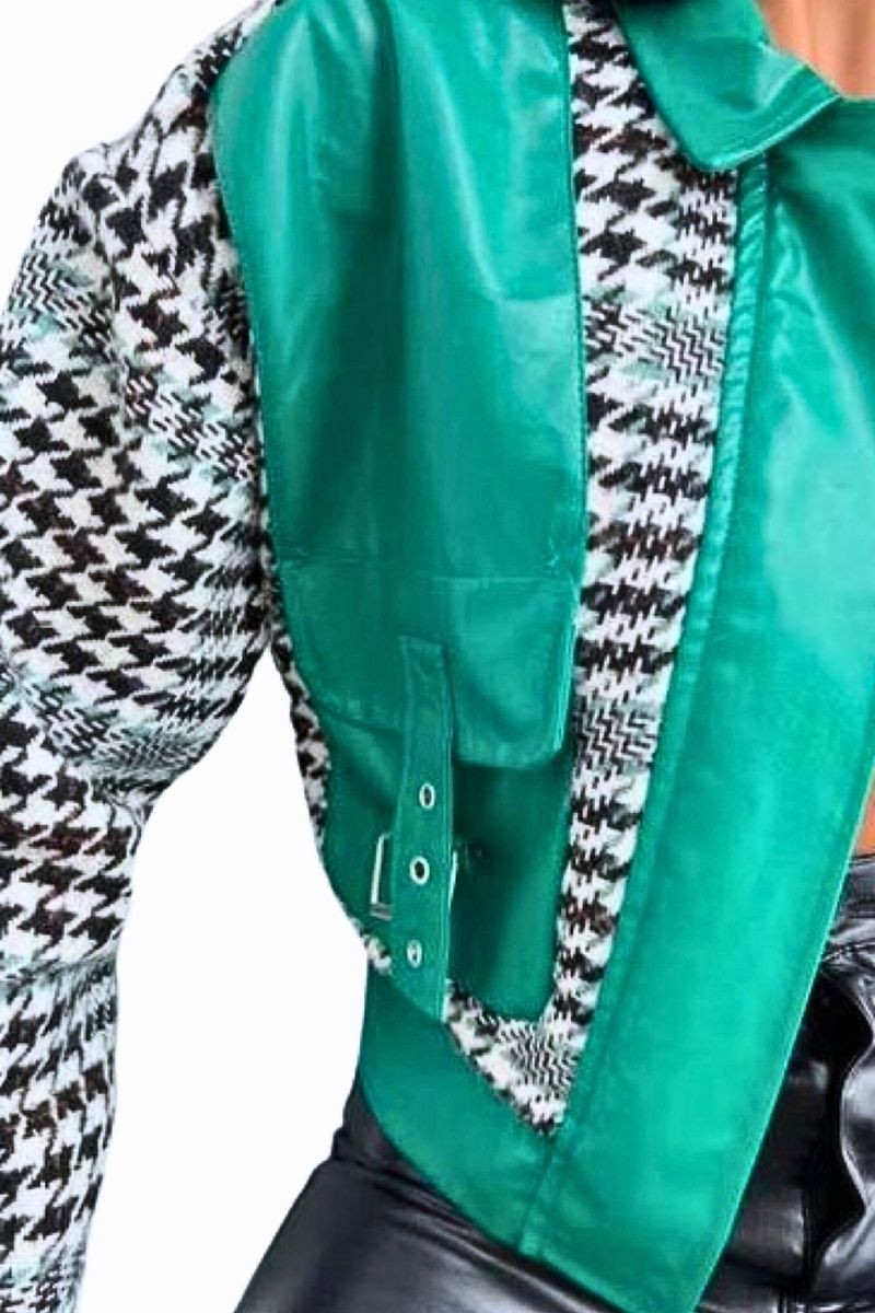 Green Leather | Houndstooth Cropped Jacket