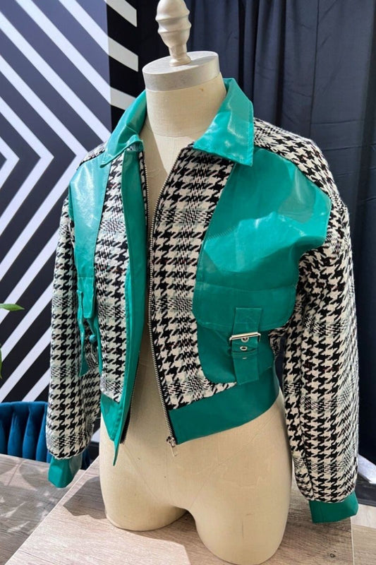 Green Leather | Houndstooth Cropped Jacket