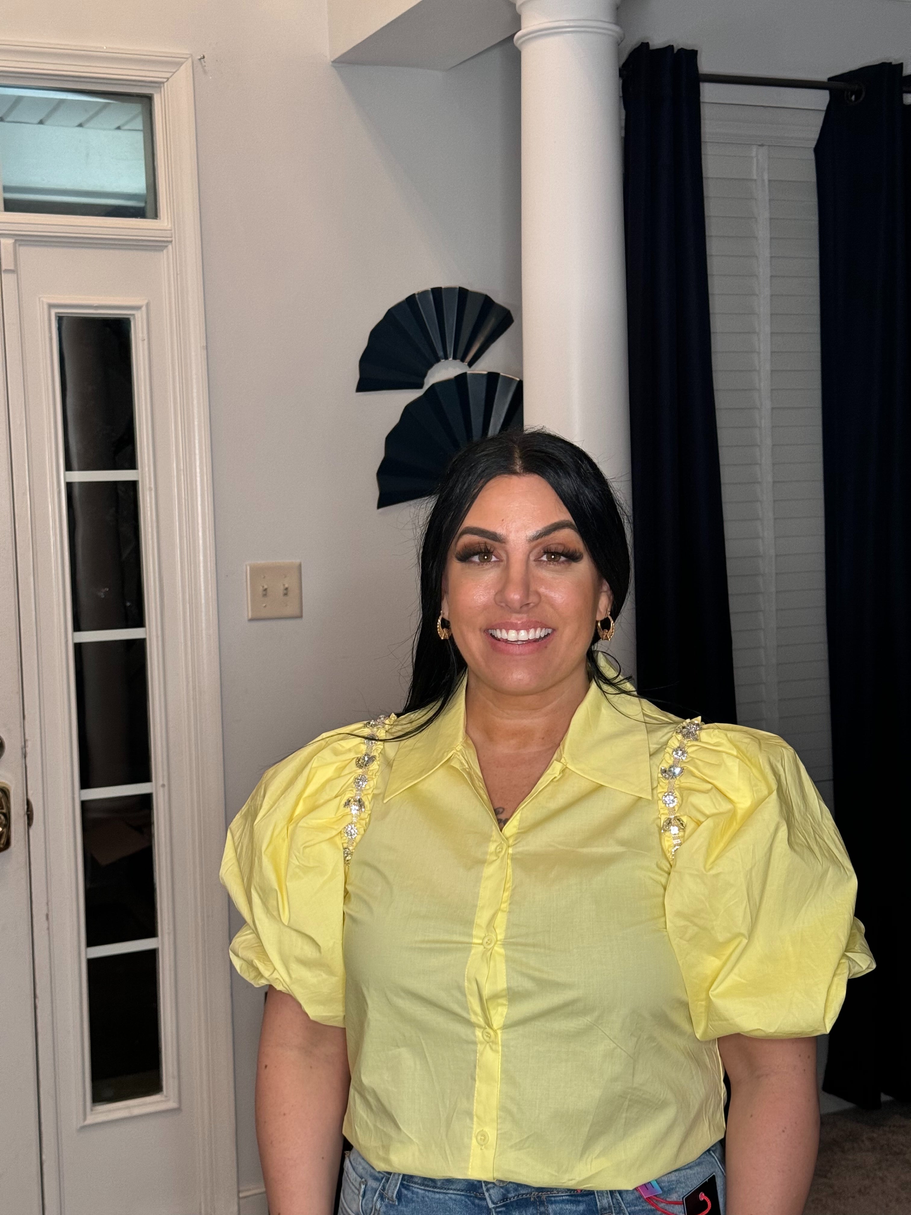 Lemon Drop | Puff Sleeve Rhinestone Top – Pink and Pearls Shop