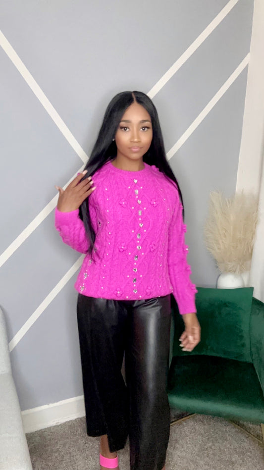 Bold | Pink Crystal and Pearl Stuffed Cable Knit Sweater